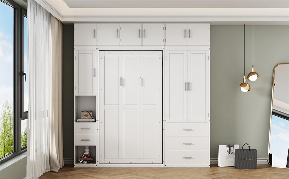 Twin Size Murphy Bed Frame with Lockers and Wardrobes O928