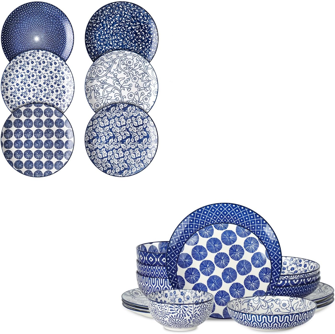 Selamica 10 inch Porcelain Dinner Plates + 16-Pieces Dinnerware Set, (Vintage Blue) B