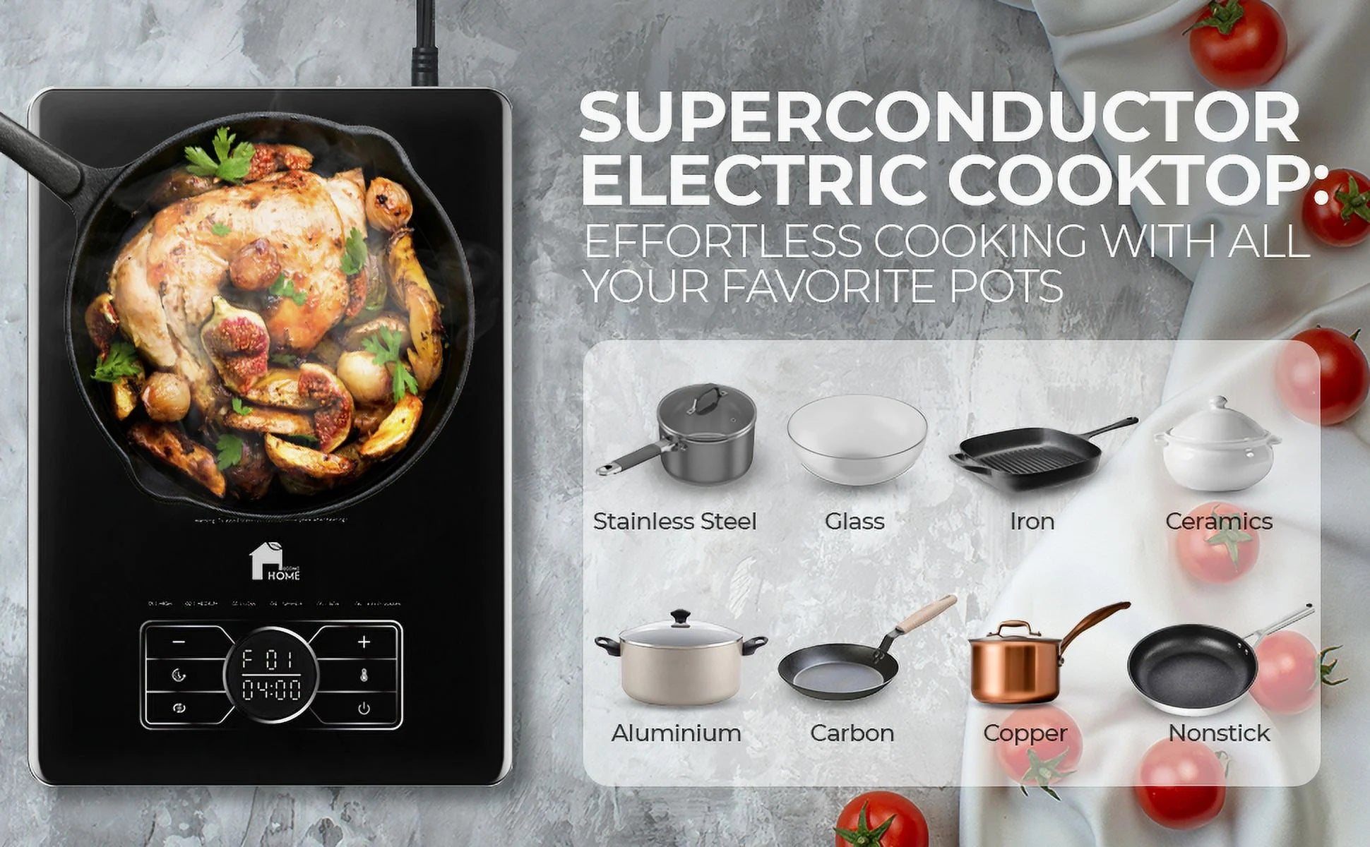 Portable Electric Cooktop - Extra Thin Stainless Steel Stove with Adjustable Temperature G2863