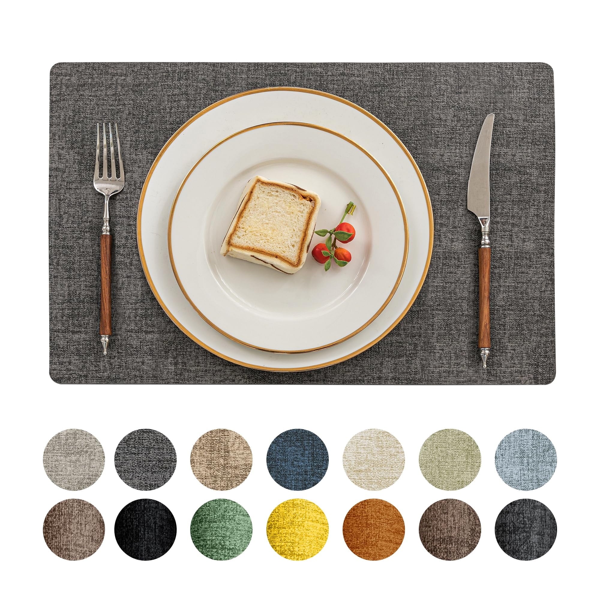 Vinyl Placemats Set of 6, Dark Grey Waterproof Faux Leather, 12x18 in U492023