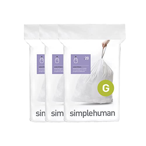simplehuman Code G 60 Count, Genuine Custom Fit Liners, Drawstring Trash Bags in Dispenser Packs, 30 Liter / 8 Gallon, White