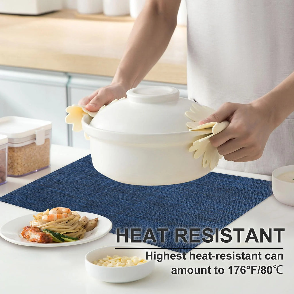 Heat resistant placemats set of 4, washable non-slip vinyl, navy blue B880