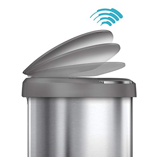 Semi-Round Sensor Automatic Trash Can, Brushed Stainless Steel with Grey Plastic Lid P213246