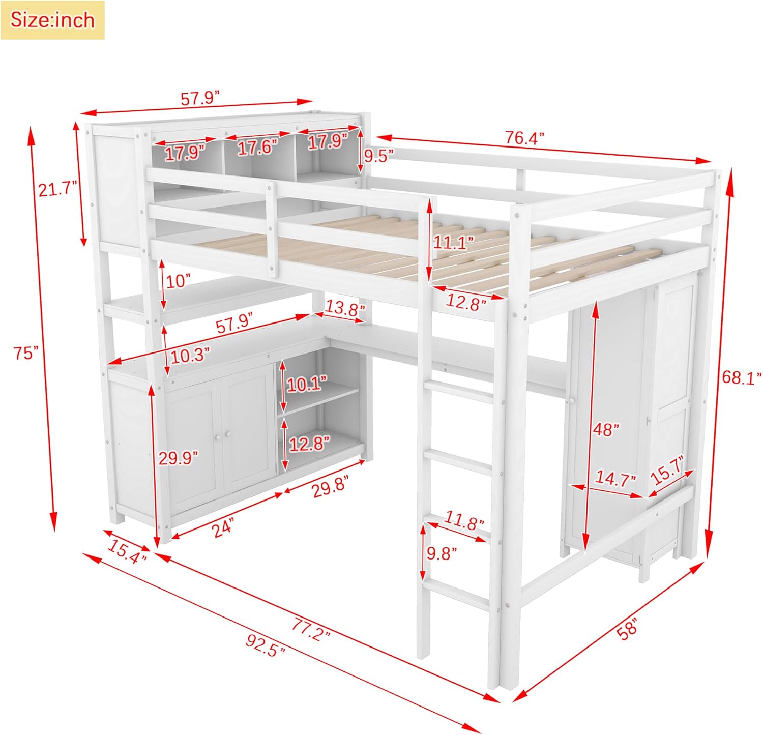 Full Size Loft Bed with Built-in Desk and Bookshelf W312794
