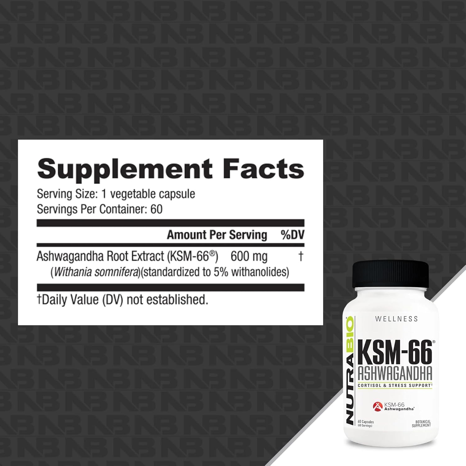 Ashwagandha Herbal Supplement, 600mg - 60 Vegetable Capsules T549