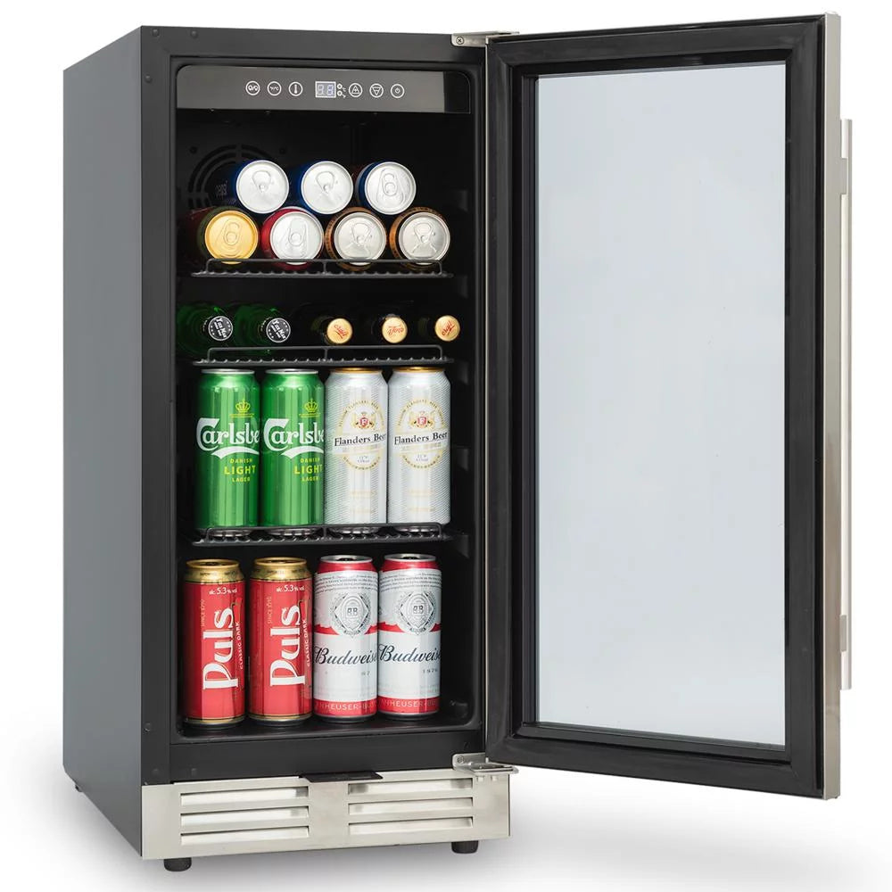 15 Inch Beverage Refrigerator Under Counter Built-in Wine Cooler Mini Fridge Clear Glass Door Digital Memory Temperature Control