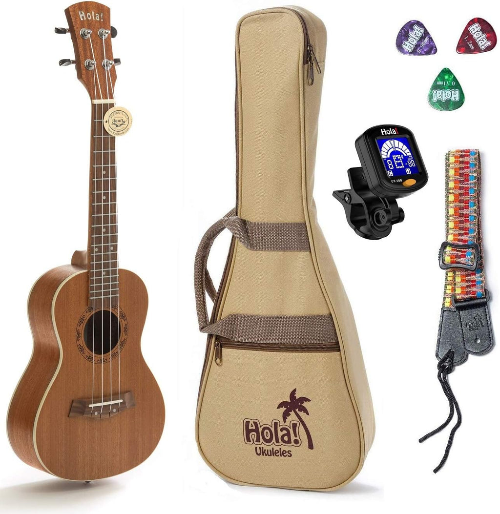 Concert Ukulele Bundle, Deluxe Series by Hola! Music (Model HM-124MG+), Bundle Includes: 24 Inch Mahogany Ukulele with Aquila Nylgut Strings Installed, Padded Gig Bag, Strap and Picks