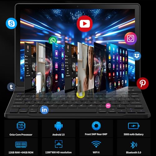 Android Tablet 10.1 Inch IPS HD Touch Screen, Dual Camera, 64GB Storage, 8-in-1 Kit with Keyboard and Case Q7426