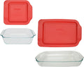 Pyrex Bundle: (1) 222 Clear Glass Baking Dish, (1) 233 Clear Glass Baking Dish, (1) 222-PC Red Plastic Lid, (1) 233-PC Red Plastic Lid