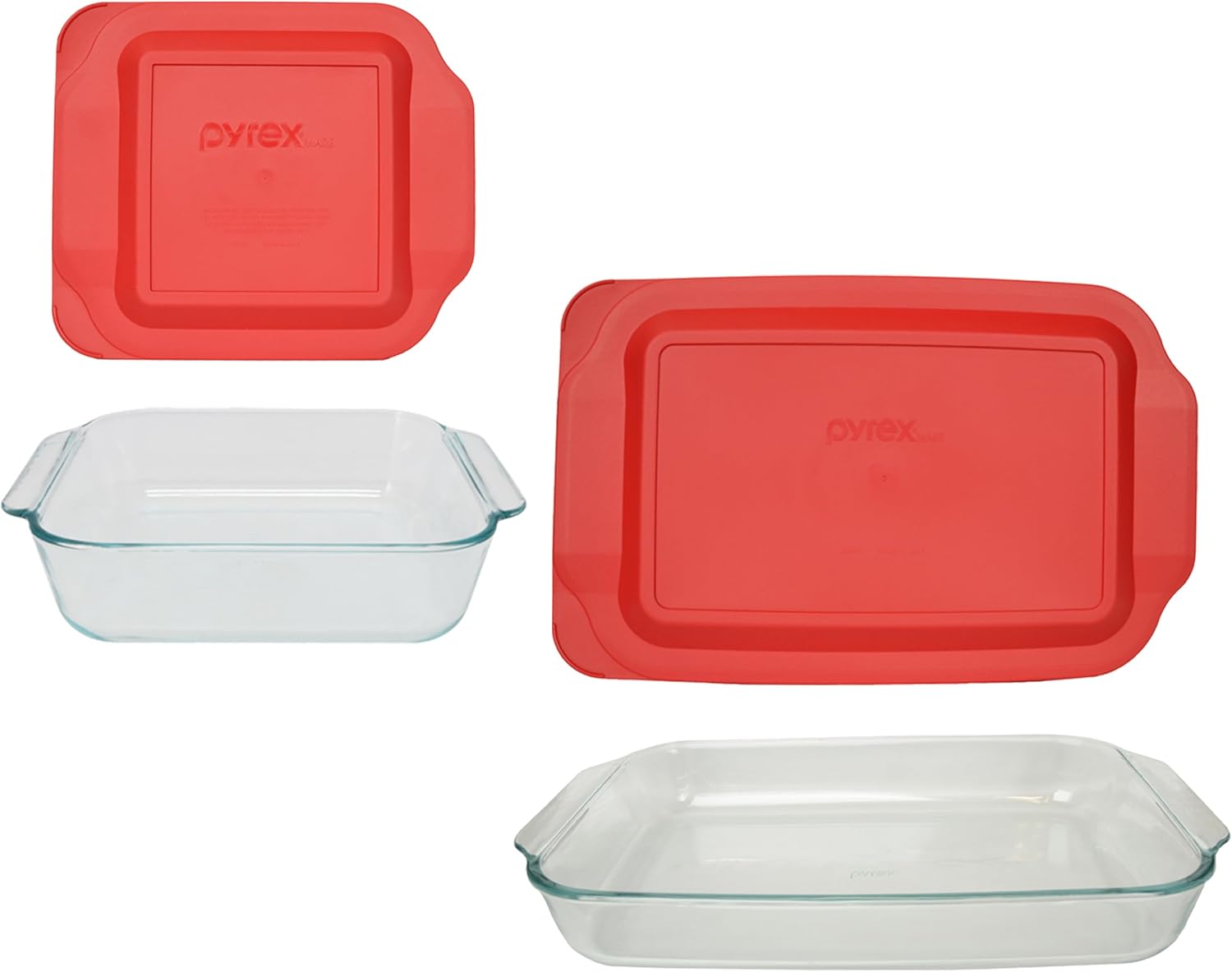 Pyrex Bundle: (1) 222 Clear Glass Baking Dish, (1) 233 Clear Glass Baking Dish, (1) 222-PC Red Plastic Lid, (1) 233-PC Red Plastic Lid