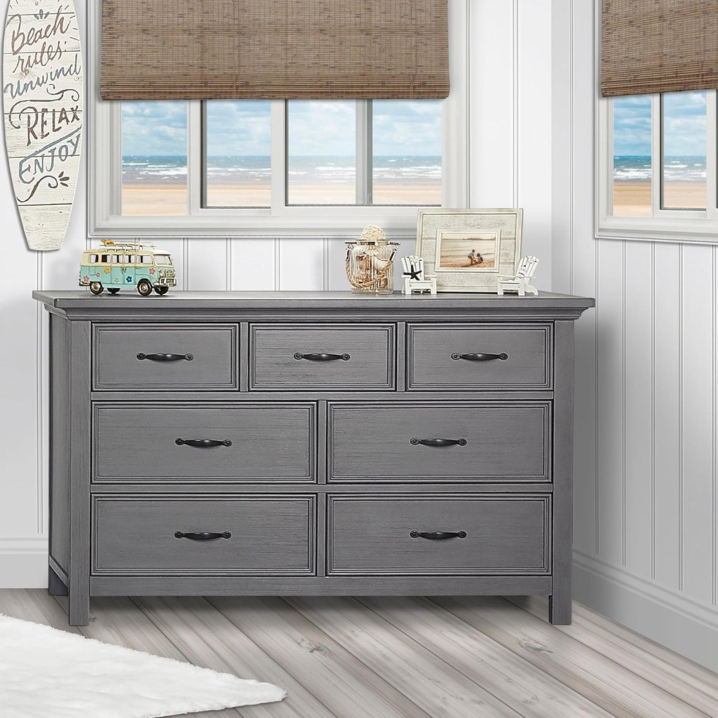 7-Drawer Double Dresser in Rustic Grey with Convertible Crib Bed Rail U98158
