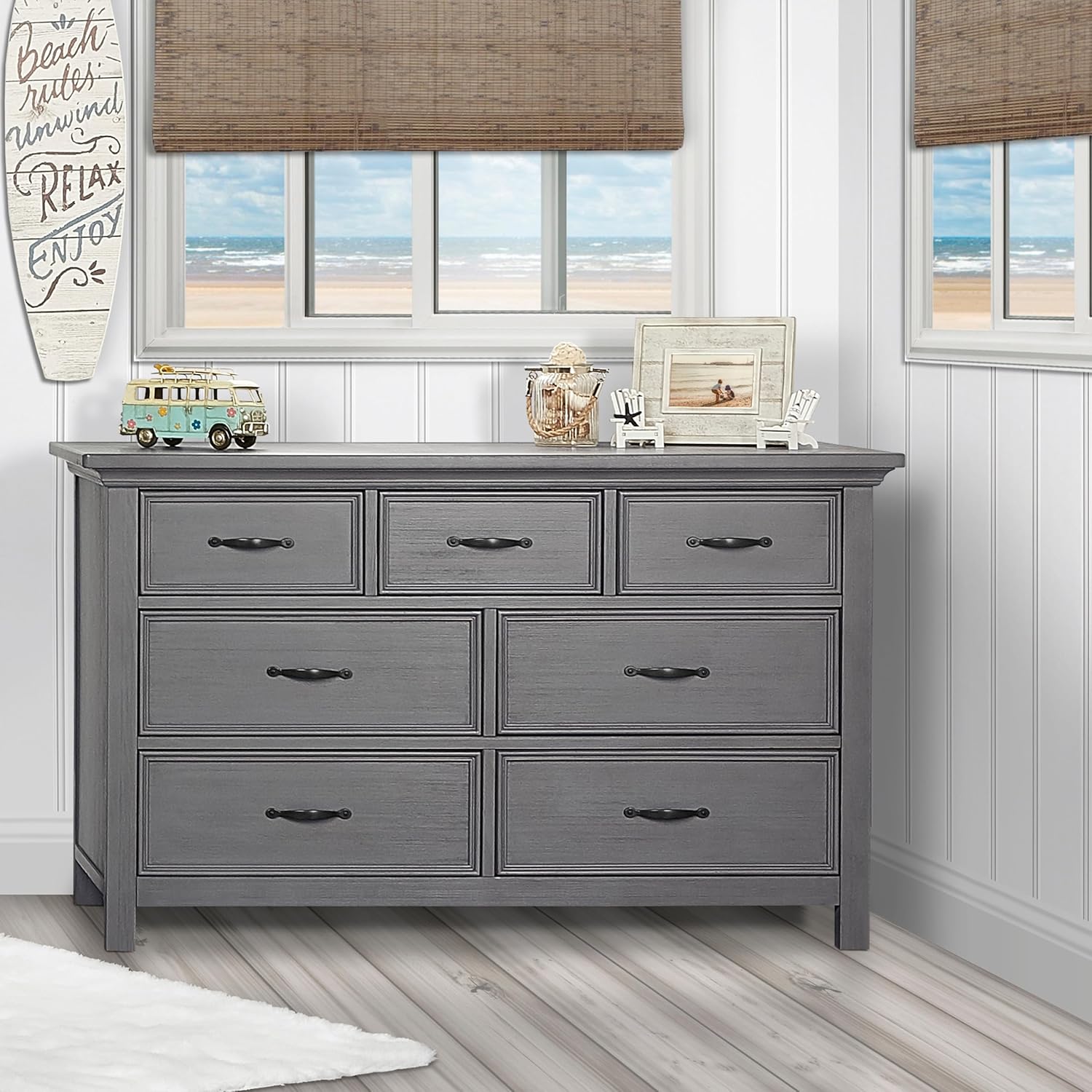 7-Drawer Double Dresser in Rustic Grey with Convertible Crib Bed Rail U98158