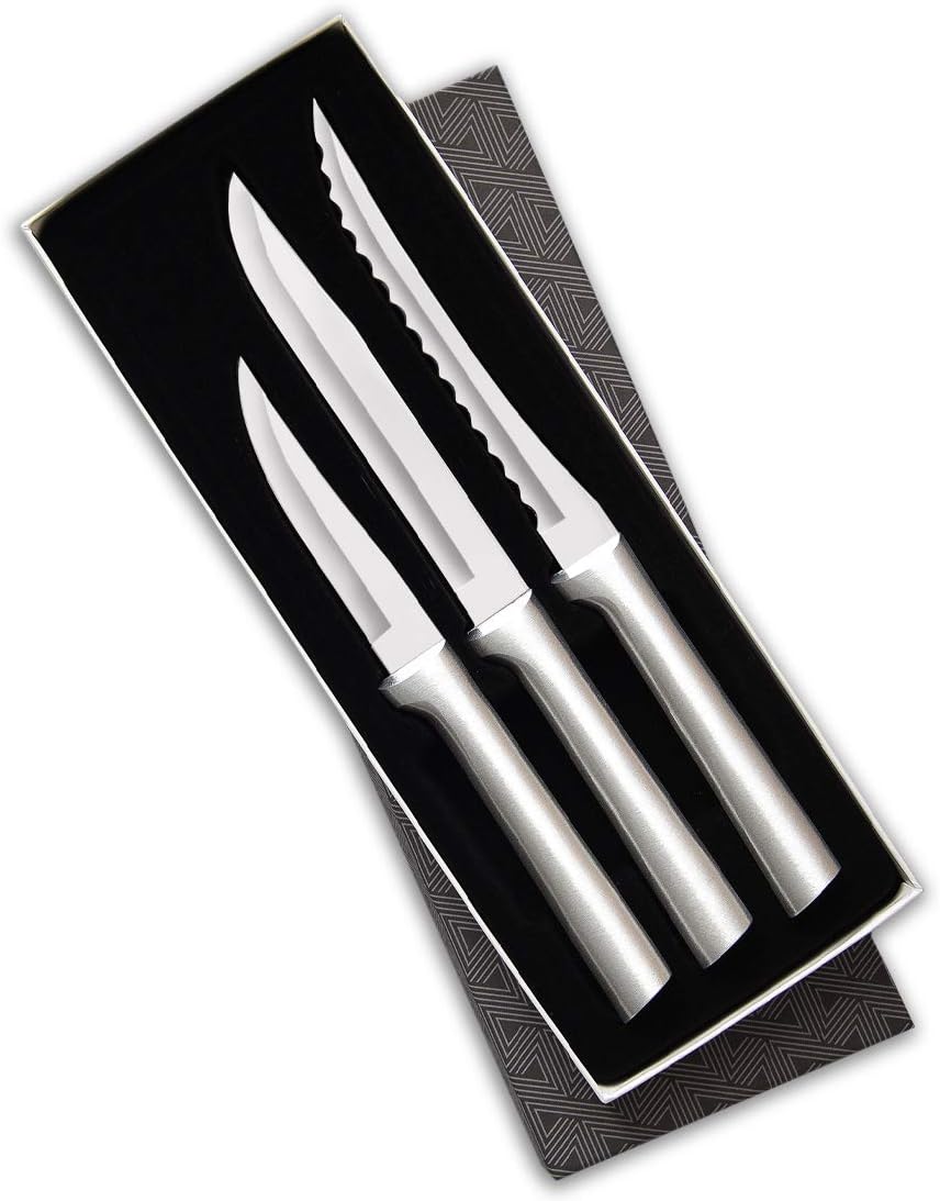 Rada Cutlery Cooking Essentials Knife Starter Gift 3 Piece Stainless Steel Set With Brushed Aluminum, Made in the USA, Silver Handle