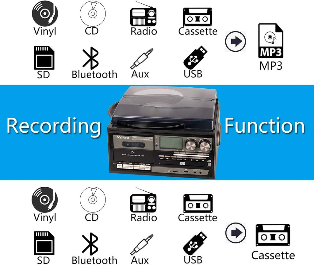 Vinyl Record Player 3 Speed Bluetooth Turntable with CD Cassette Radio USB I3998