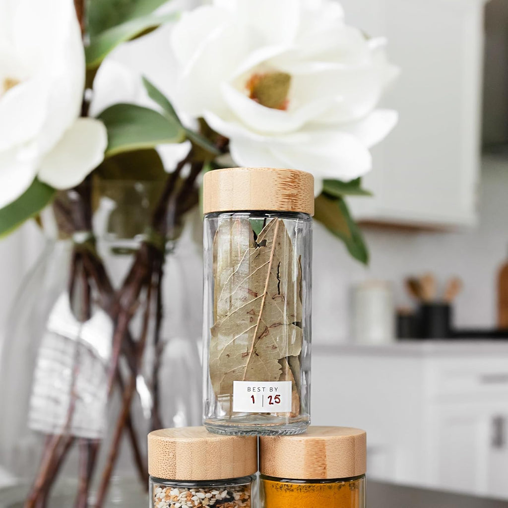 Glass Spice Jars with Bamboo Lids, 4oz Seasoning Containers with Labels E774
