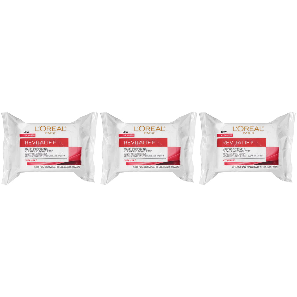 L,Oreal Paris Revitalift Makeup Removing Wipes With Vitamin E, Face Cleansing Towelettes, 30 Count, Pack Of 3