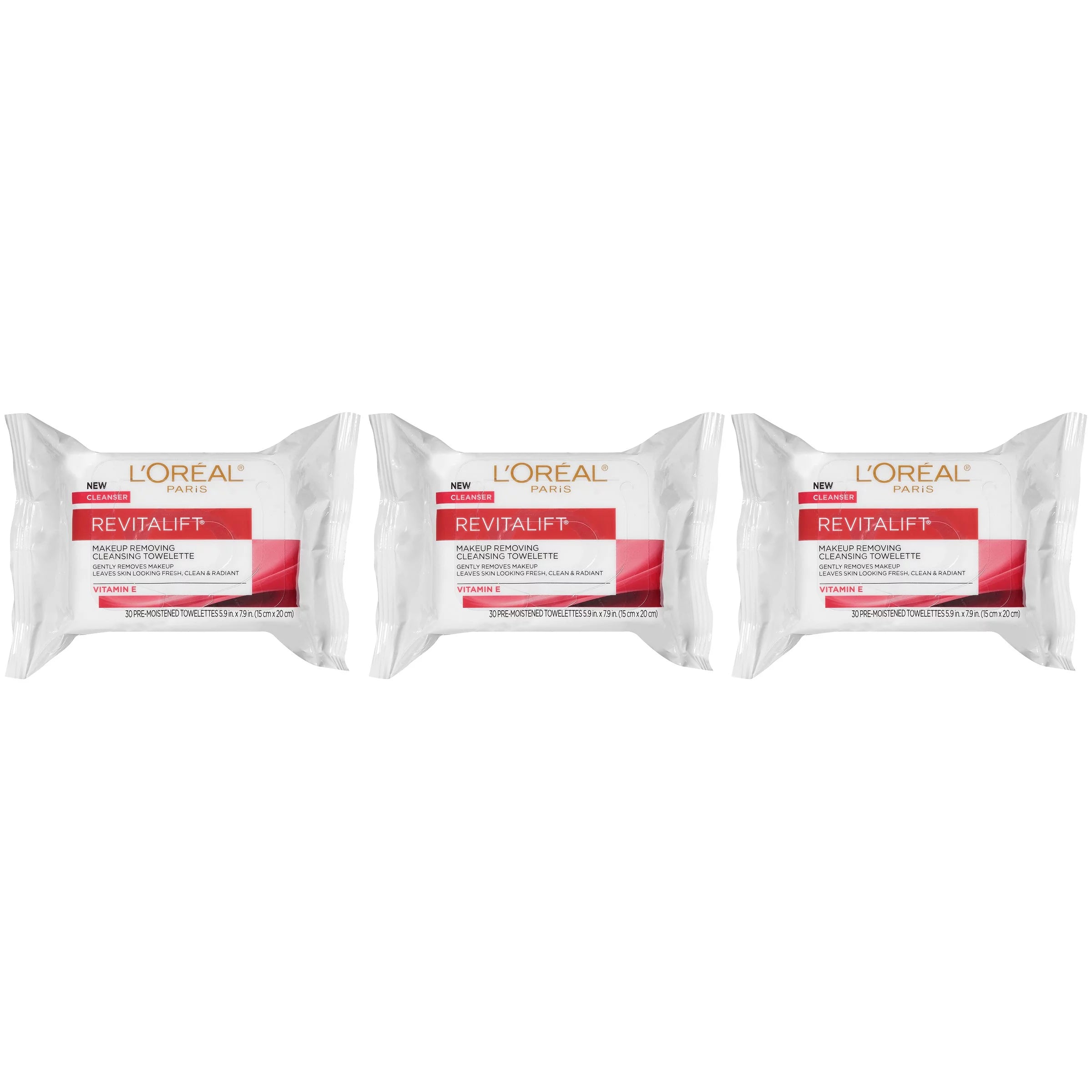 L,Oreal Paris Revitalift Makeup Removing Wipes With Vitamin E, Face Cleansing Towelettes, 30 Count, Pack Of 3
