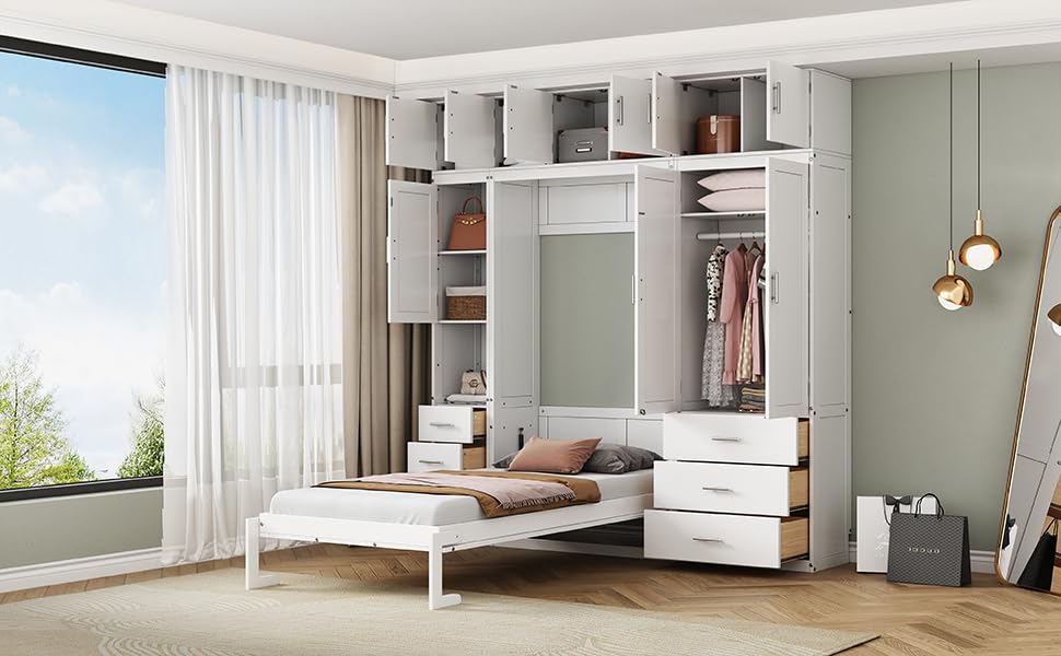Twin Size Murphy Bed Frame with Lockers and Wardrobes O928