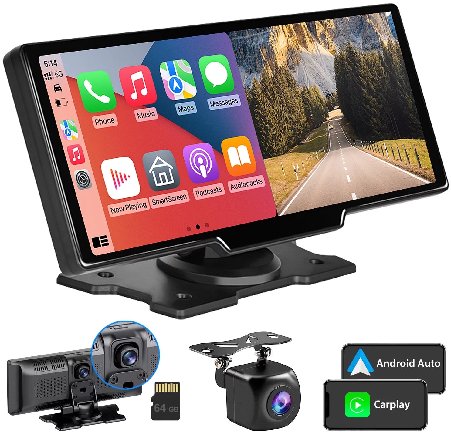 Wireless Carplay Screen for Car, 2.5K Dash Cam, 64G SD Card, Backup Camera, Bluetooth, GPS Navigation, Android Auto, 9.3" Portable Car Stereo
