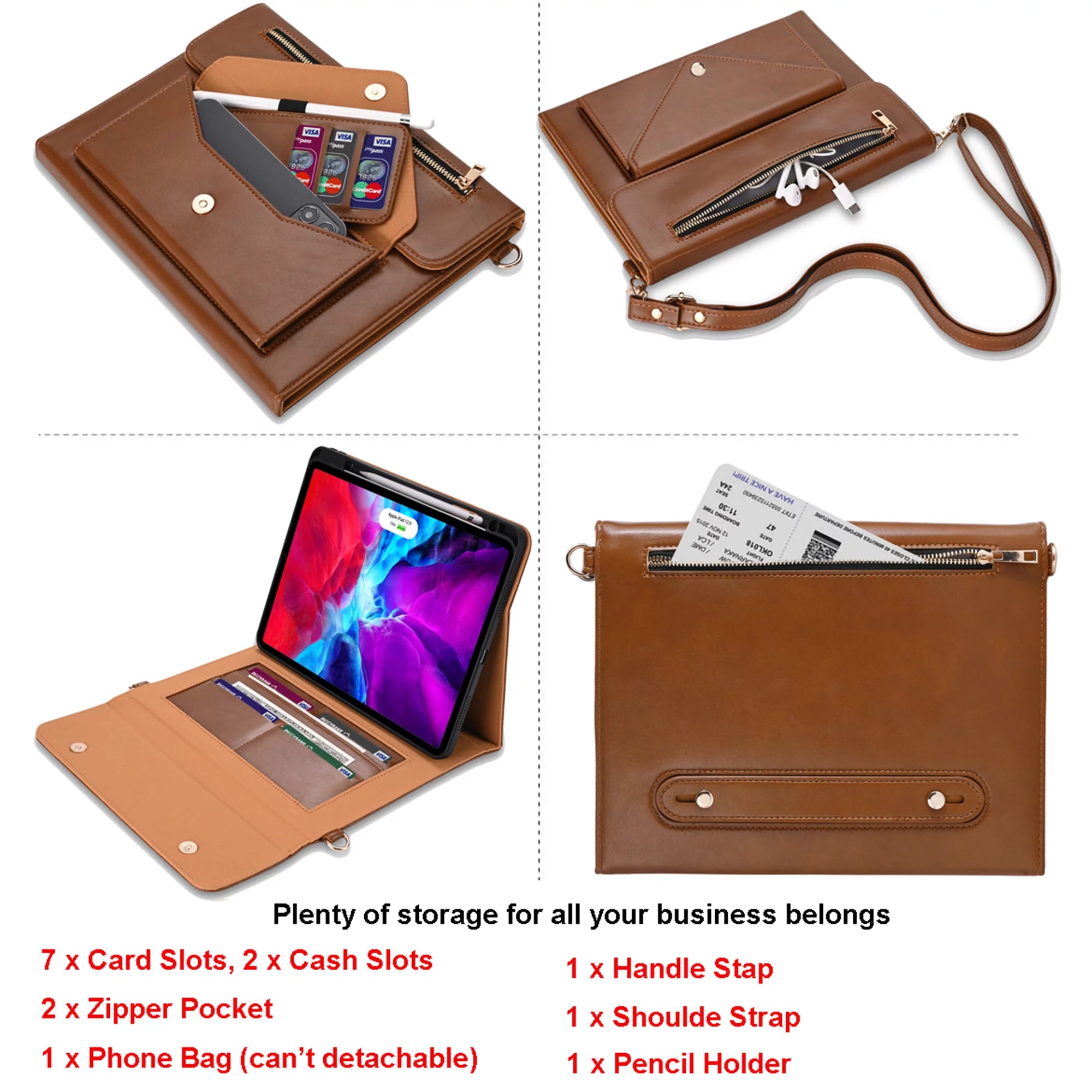 Portfolio Case for iPad Pro 12.9-inch with Pencil Holder, PU Leather, Brown Q1210