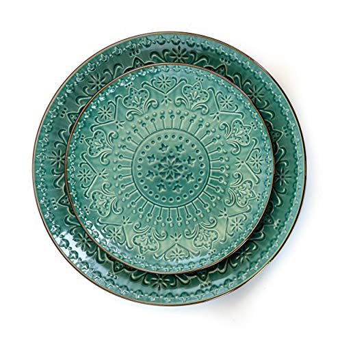 Round Stoneware Embossed Dinnerware Dish Set, 16 Piece, Ocean Teal and Green L486765