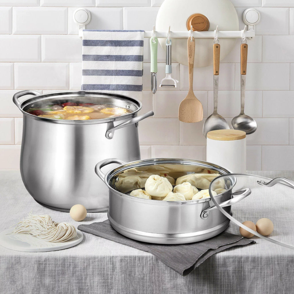 Stainless Steel 2-Tier Steamer Pot with Glass Lid L412457