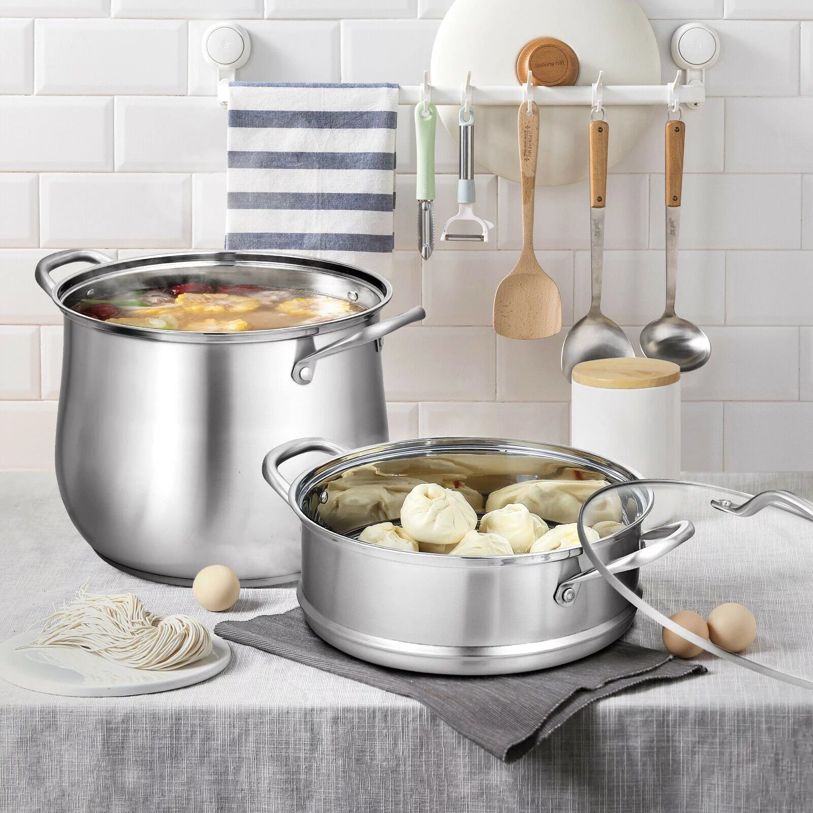 Stainless Steel 2-Tier Steamer Pot with Glass Lid L412457