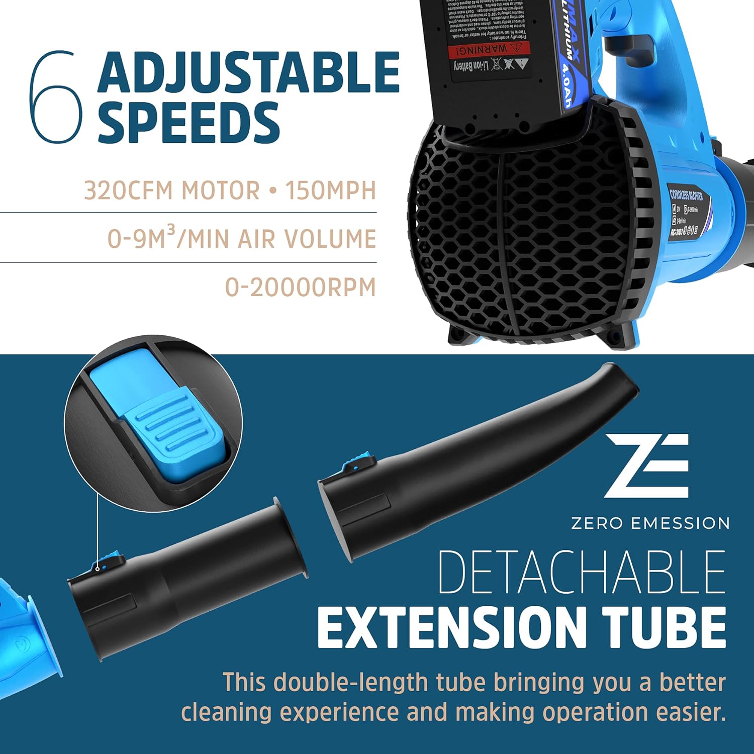 Cordless Leaf Blower 320 CFM 150 MPH with Battery and Charger Q8210