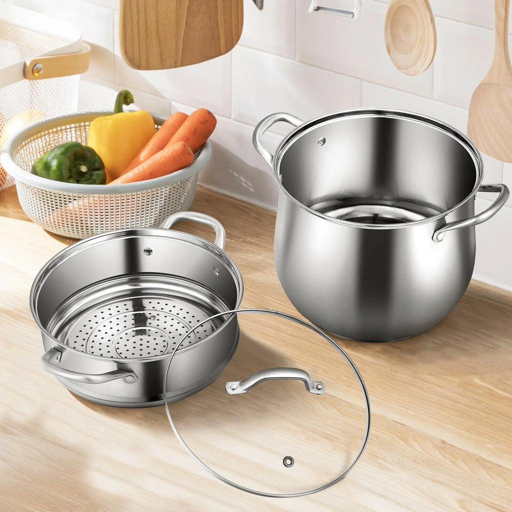 Stainless Steel 2-Tier Steamer Pot with Glass Lid L412457
