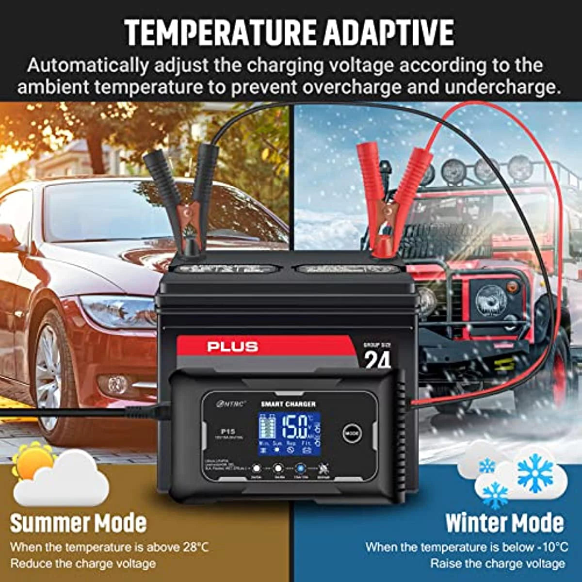 15-Amp Fully-Automatic Smart Charger, 12V and 24V Battery Charger, Lead-Acid and LiFePO4 O484171