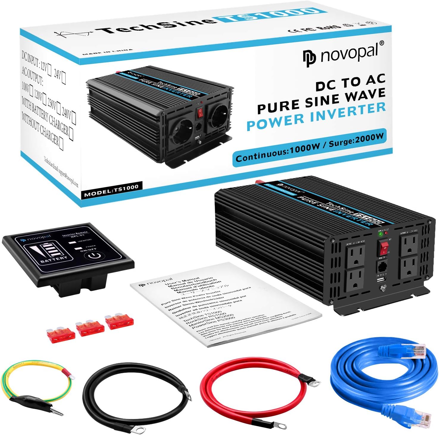 Power Inverter Pure Sine Wave 1000W 24V to 110V AC Converter with 4 Outlets and Remote Control J12881