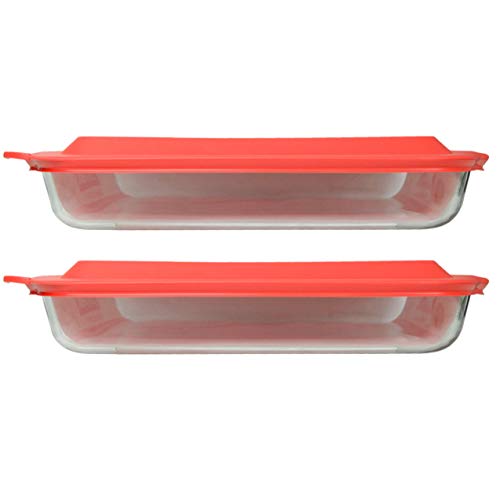 Pyrex (2) 233 Oblong Rectangle Clear Glass Casserole Baking Dishes & (2) 233-PC Red Lids Made in the USA