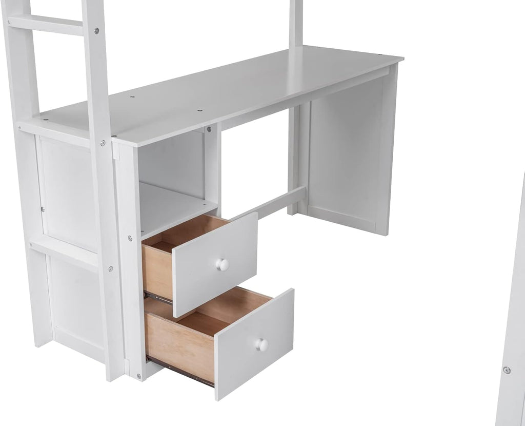 Full Loft Bed with Wardrobe and Desk, White K9891