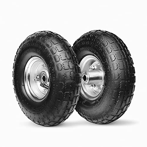 10-Inch Replacement Tire and Wheel 4.10/3.50-4" - 10” Pneumatic Utility Tires for Cart, Dolly, Hand Truck, Generator, Lawnmower, Garden Wagon with 5/8” Axle Bore Hole - Double Sealed Bearings (2 pack)