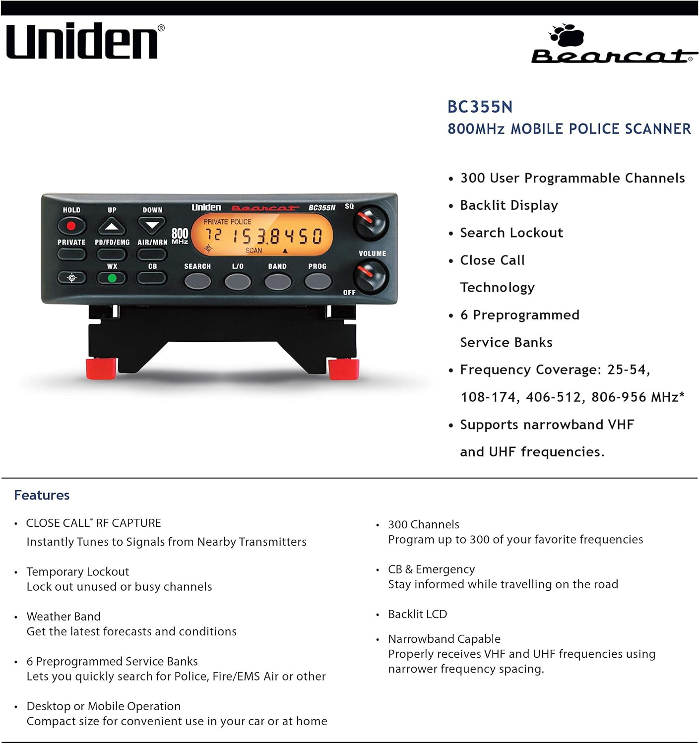300-Channel Base/Mobile Scanner with Close Call Capture and Pre-programmed Search Bands X90102