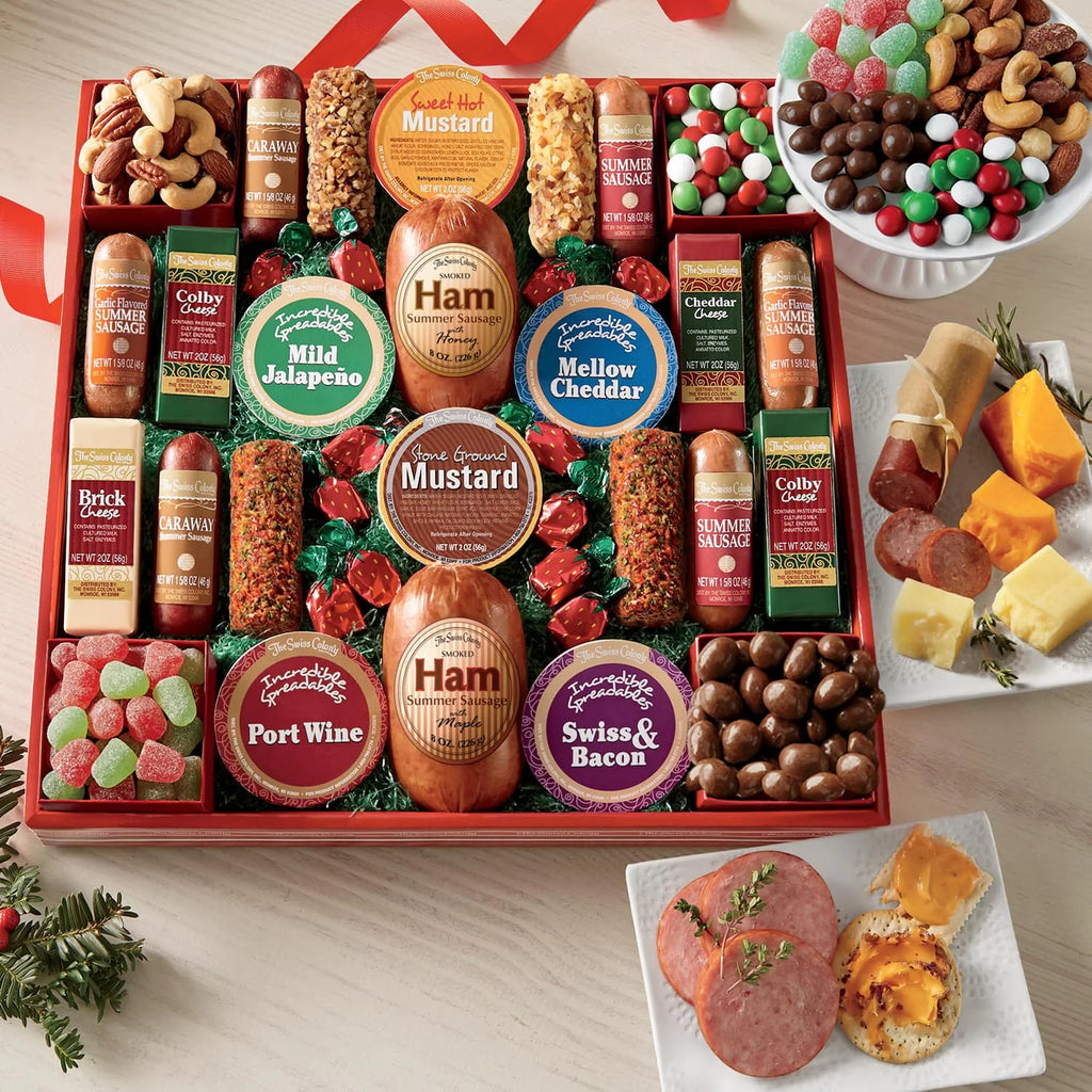 Assorted Holiday Treats with Ham Summer Sausages, Chocolates, Cheese and Candy W824207
