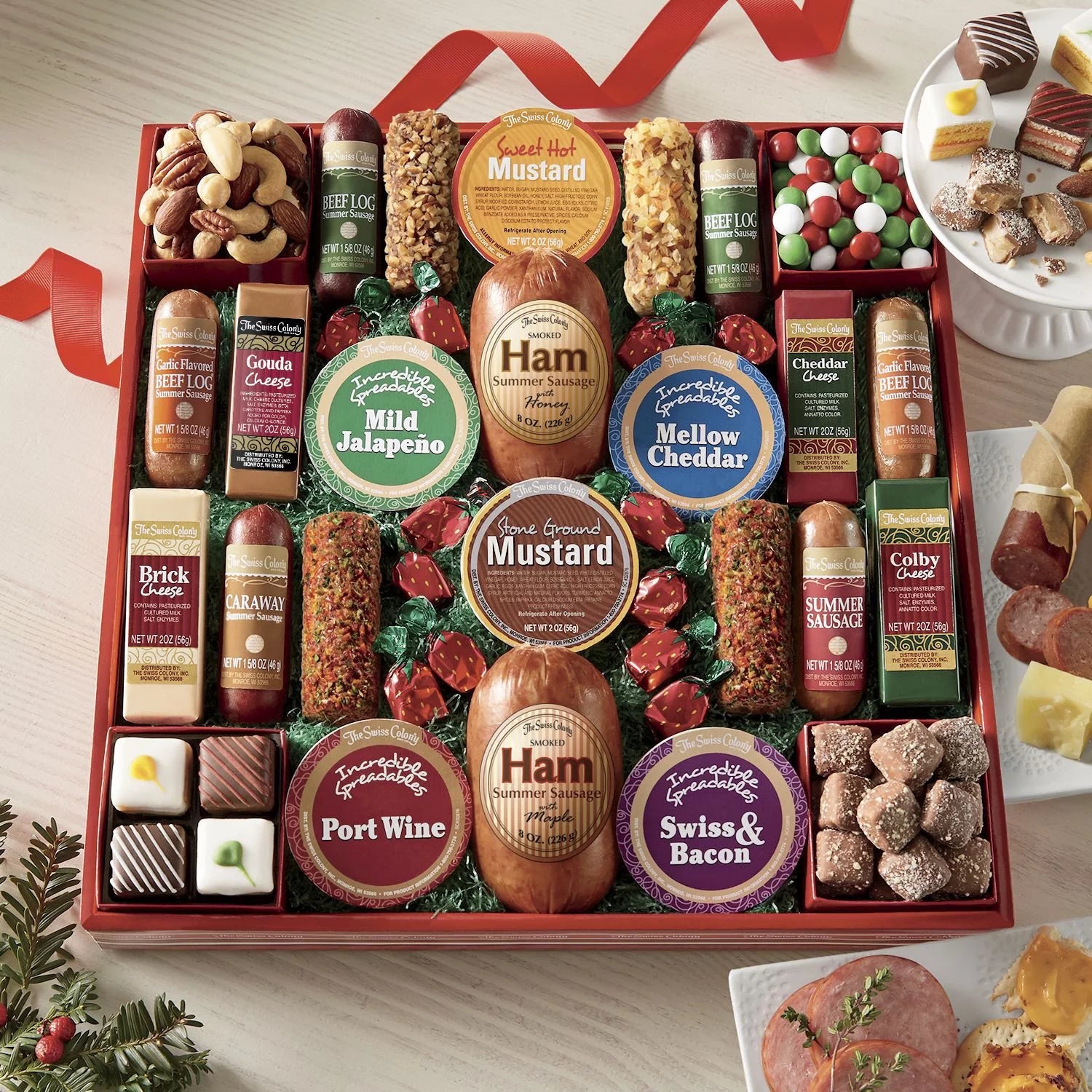 Assorted Holiday Treats with Ham Summer Sausages, Chocolates, Cheese and Candy W824207