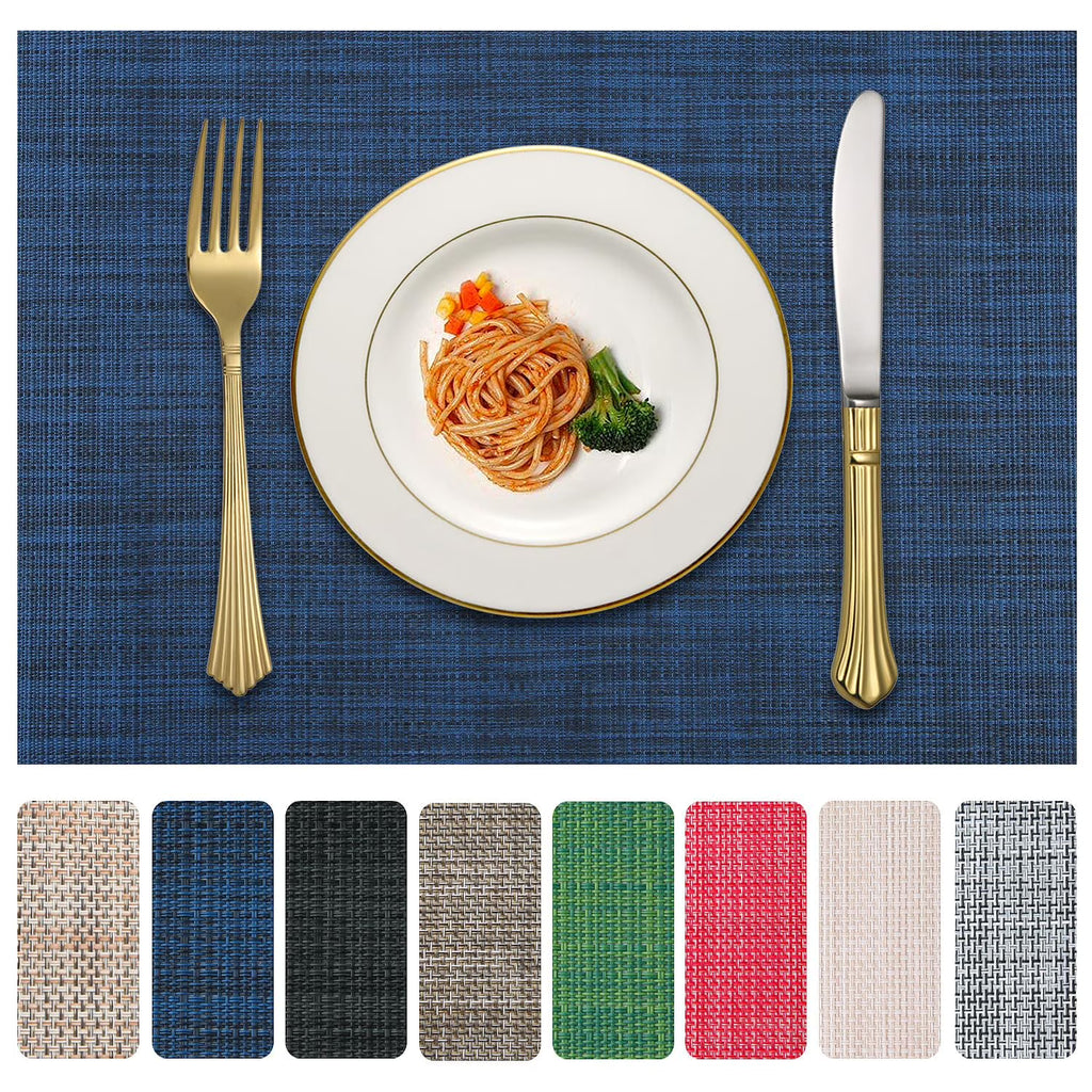 Heat resistant placemats set of 4, PVC woven washable non-slip table mats, wrinkle free vinyl placemats for dining, modern kitchen decor, navy blue
