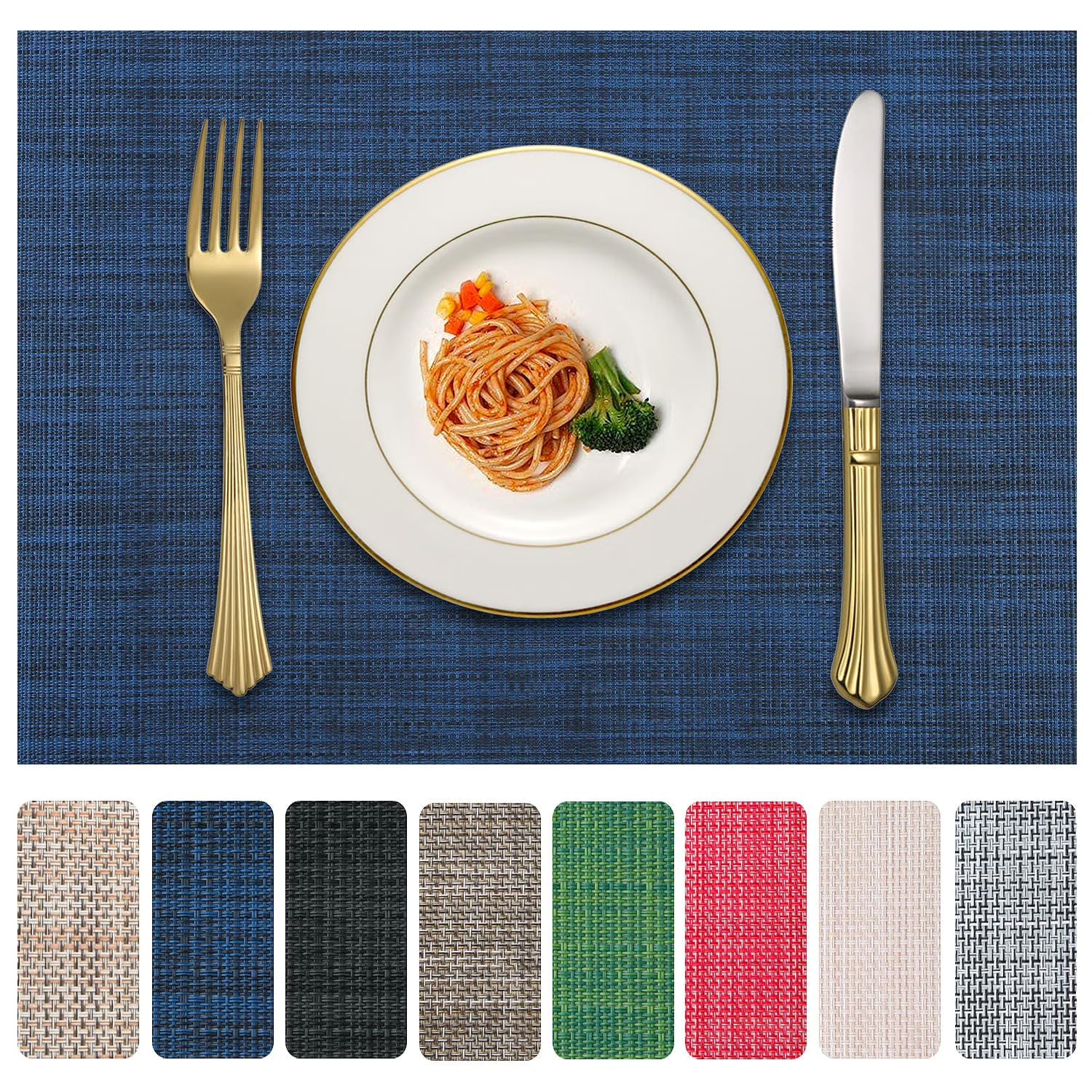 Heat resistant placemats set of 4, PVC woven washable non-slip table mats, wrinkle free vinyl placemats for dining, modern kitchen decor, navy blue