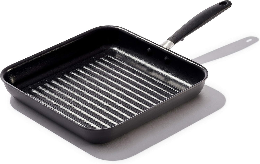 OXO Good Grips 11” Square Grill Pan, 3-Layered German Engineered Nonstick Coating, Stainless Steel Handle with Nonslip Silicone, Black