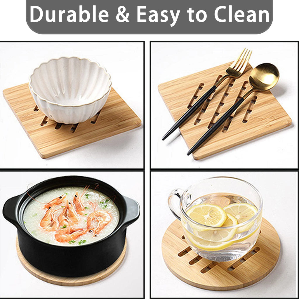Bamboo Trivet Mat Set for Hot Pots Dishes Bowls, 8 Pack Heat Resistant with 2 Holders U66933