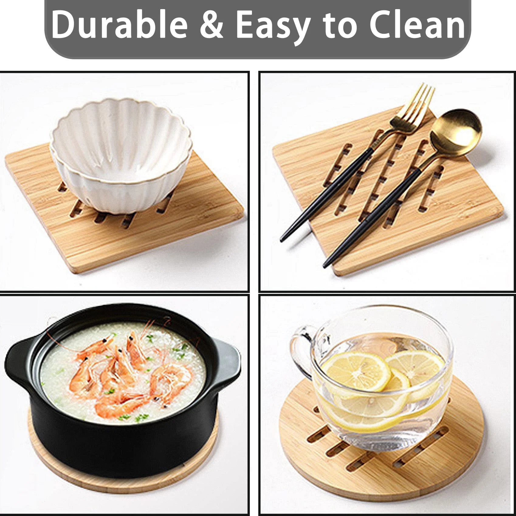 Bamboo Trivet Mat Set for Hot Pots Dishes Bowls, 8 Pack Heat Resistant with 2 Holders U66933