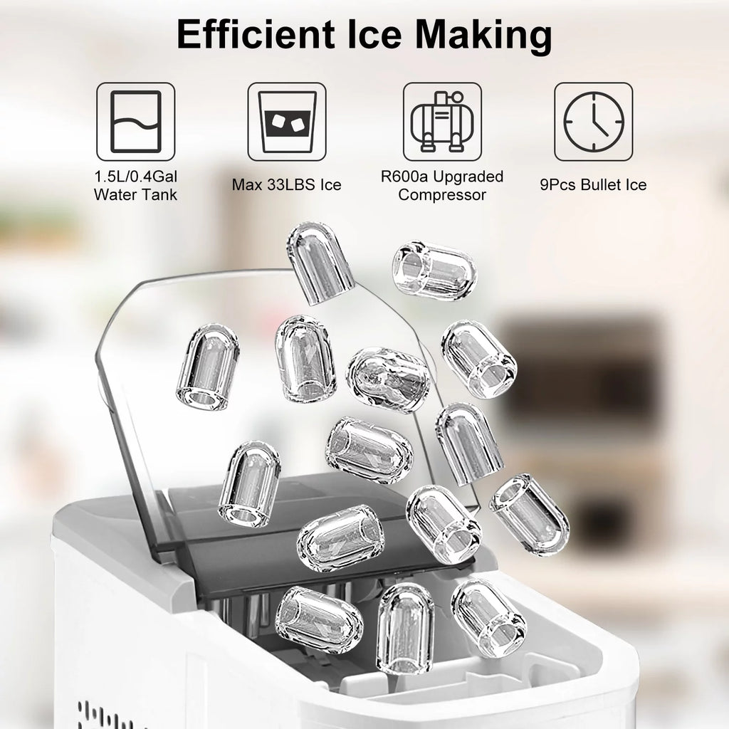 Countertop Ice Maker, 33Lbs/24H, 9 Ice Cubes in 6 Mins, Self-Cleaning Portable with Ice Scoop and Basket P57485