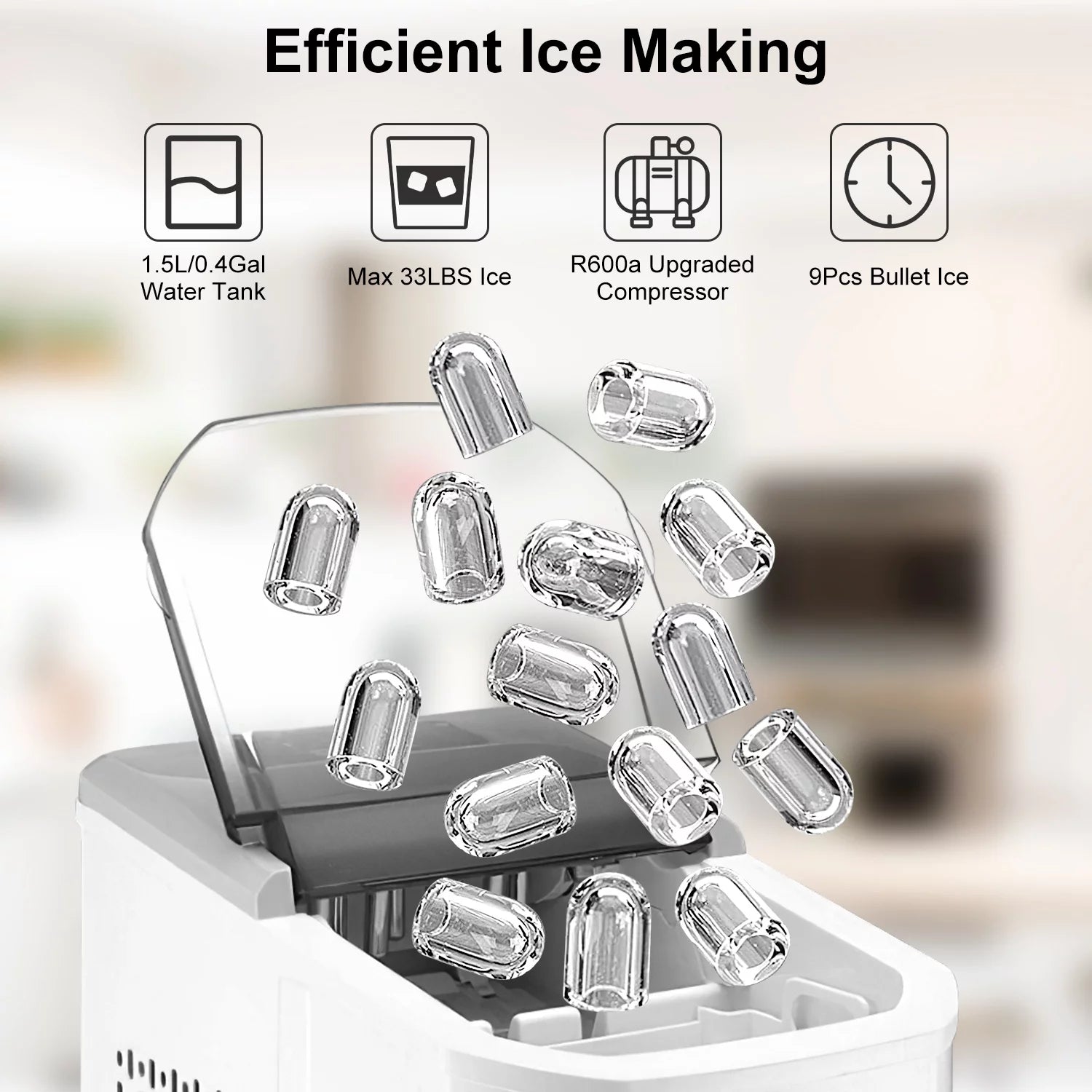 Countertop Ice Maker, 33Lbs/24H, 9 Ice Cubes in 6 Mins, Self-Cleaning Portable with Ice Scoop and Basket P57485