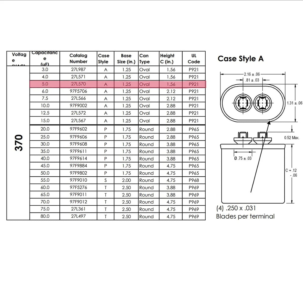 Oval Run Capacitor 5 uf 370 Volt H1239