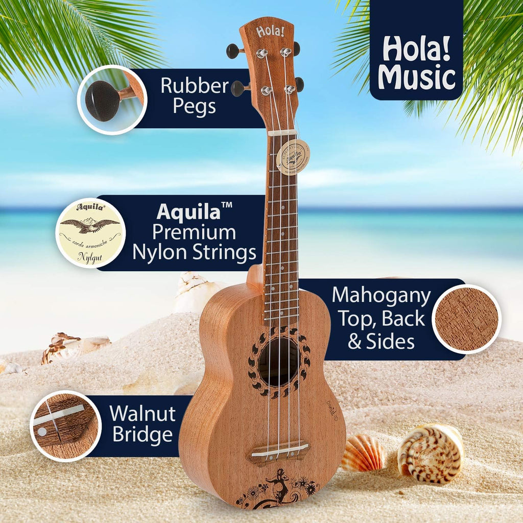 Laser Engraved Mahogany Soprano Ukulele Bundle with Gig Bag, Strap and Picks T24339