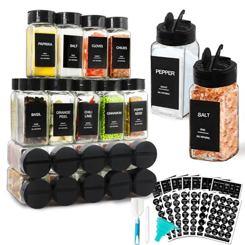 AISIPRIN 24 Pcs Glass Spice Jars with 398 Labels, 4oz Empty Square Spice Containers Seasoning Bottles - Shaker Lids, Funnel, Brush and Marker Included(Black Metal Caps)