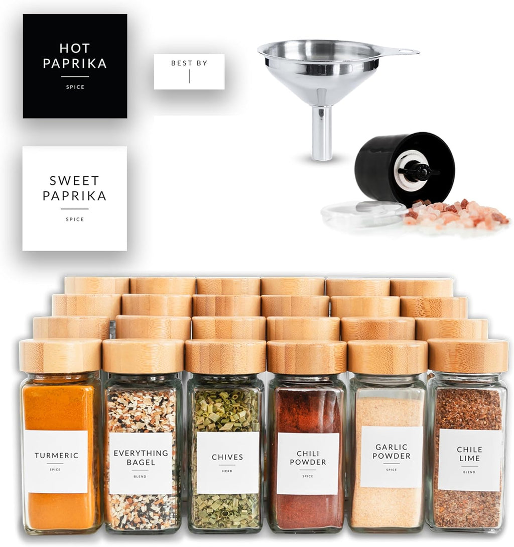 Glass Spice Jars with Bamboo Lid, 4oz Empty Seasoning Containers with Labels O351897
