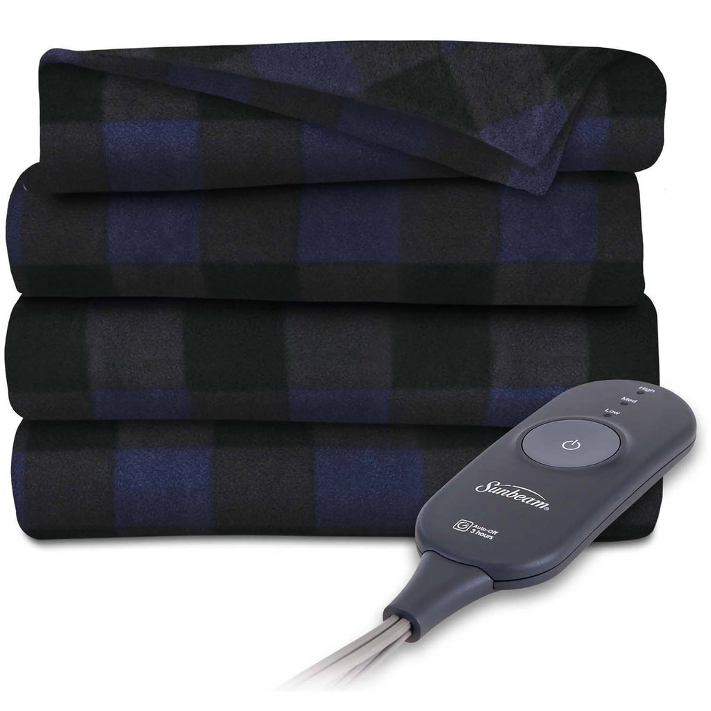 Sunbeam Fleece 60" x 50" Electric Heated Navy Buffalo Plaid Throw Blanket, 1 Each