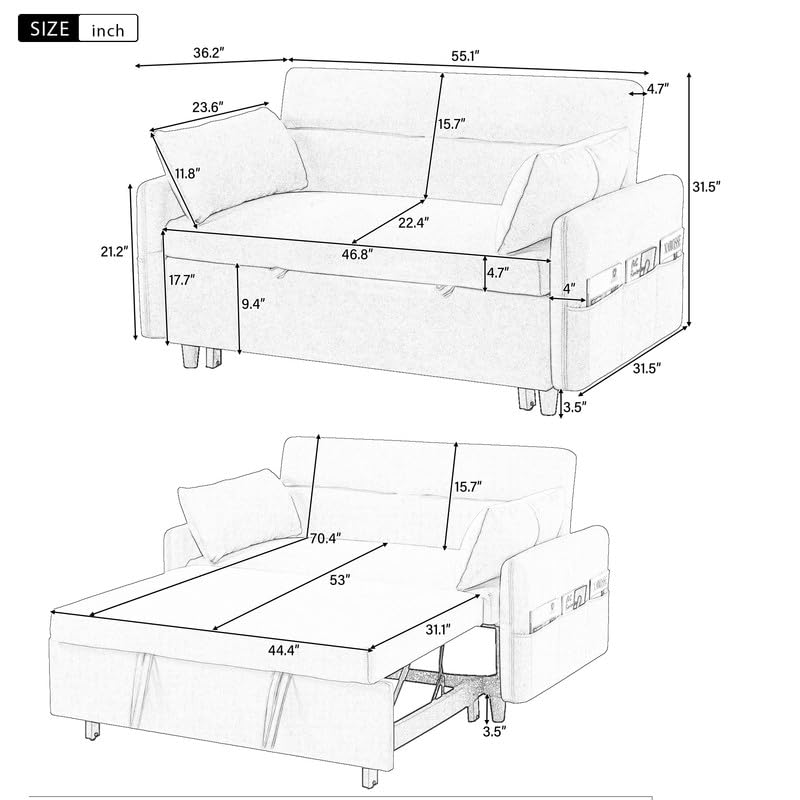 Convertible Sofa Bed Sleeper Chair with Adjustable Backrest, Grey C681